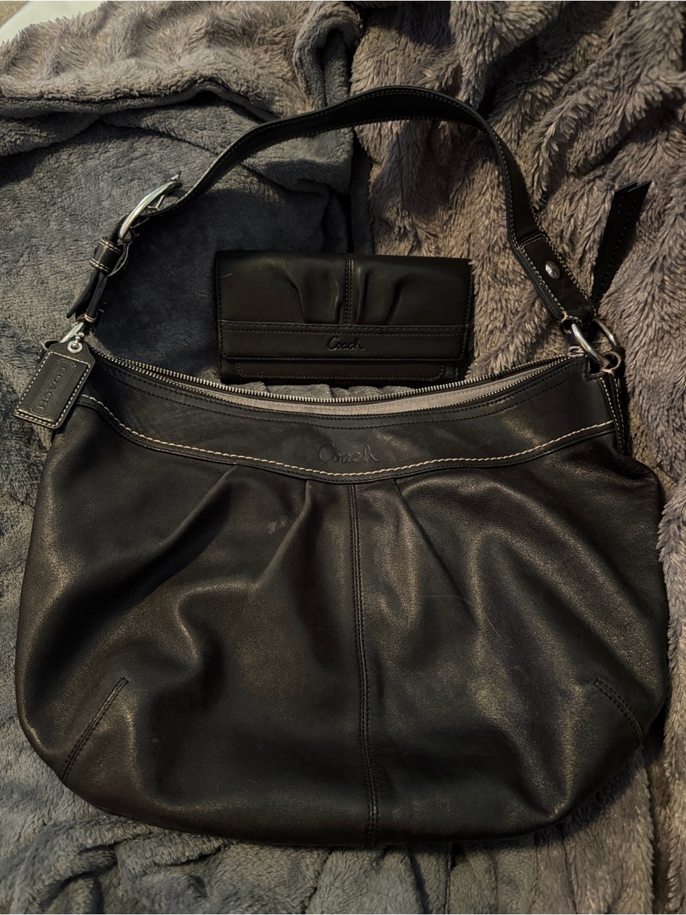 Coach Black Leather Shoulder Hobo with Matching Wallet